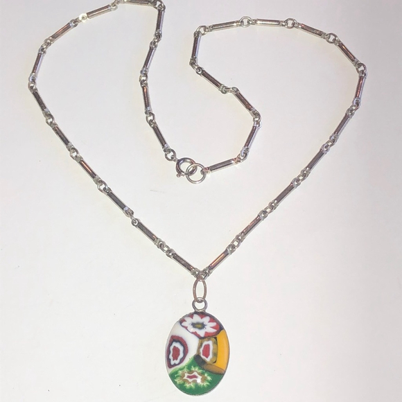 Vintage Silver Tone Venetian Glass Millefiori Floral Oval Pendant Boho Necklace - Picture 2 of 7